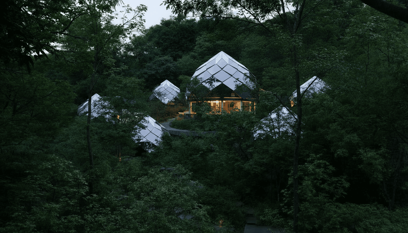Modern architectural building with faceted glass roof in forest setting
